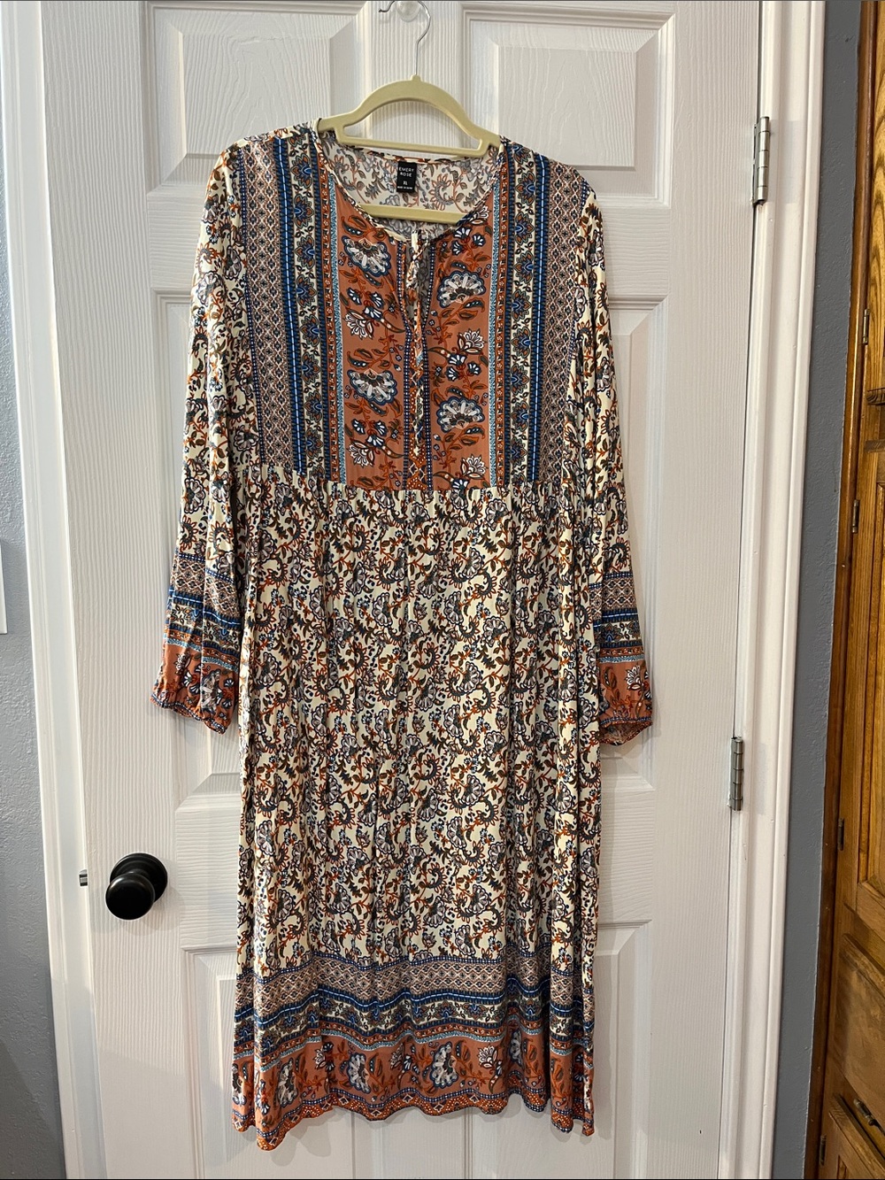 Boho Long Sleeve Midi Dress in Rust and Cream